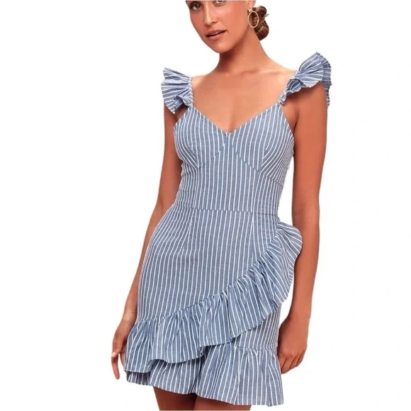 The Fifth Label Blue and White Striped Ruffle Mini Women's Dress XS - Picture 4 of 11